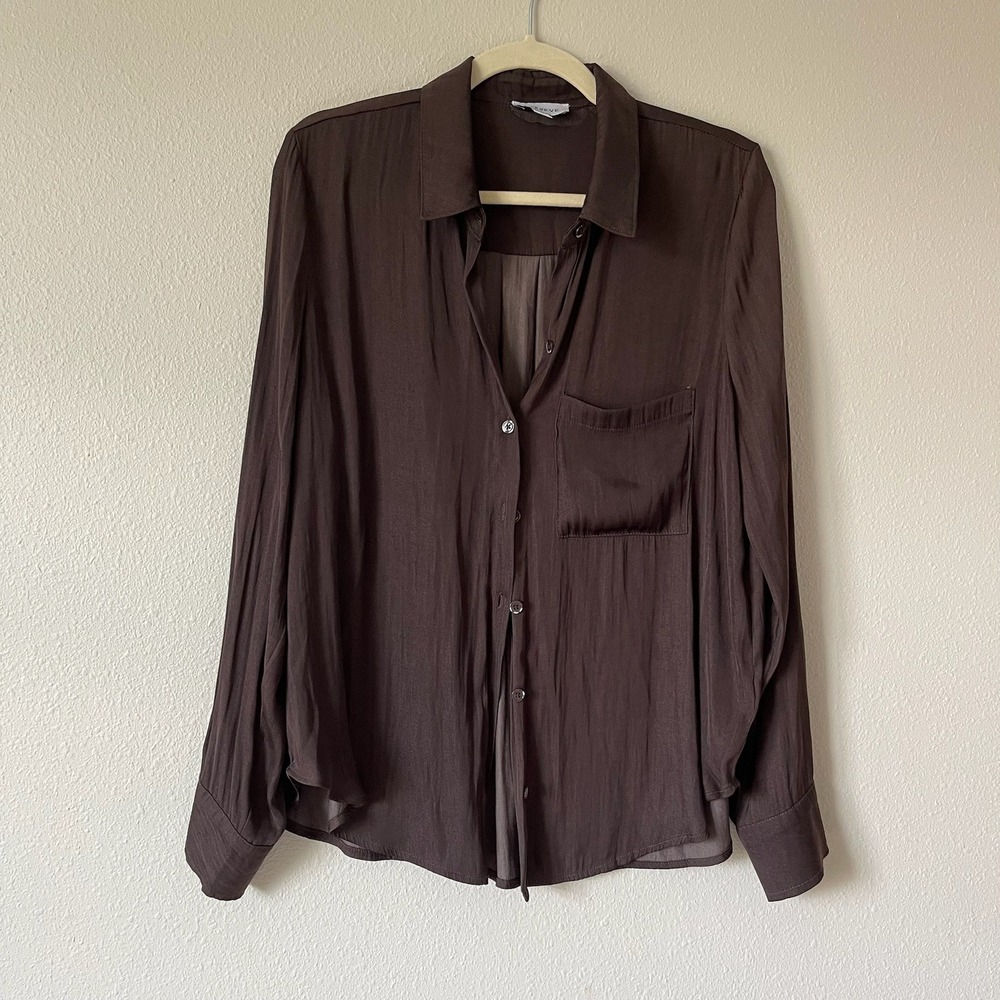 Evereve Womens Chocolate Brown Button Down Long Sleeve Blouse Shirt Size M - Picture 2 of 5